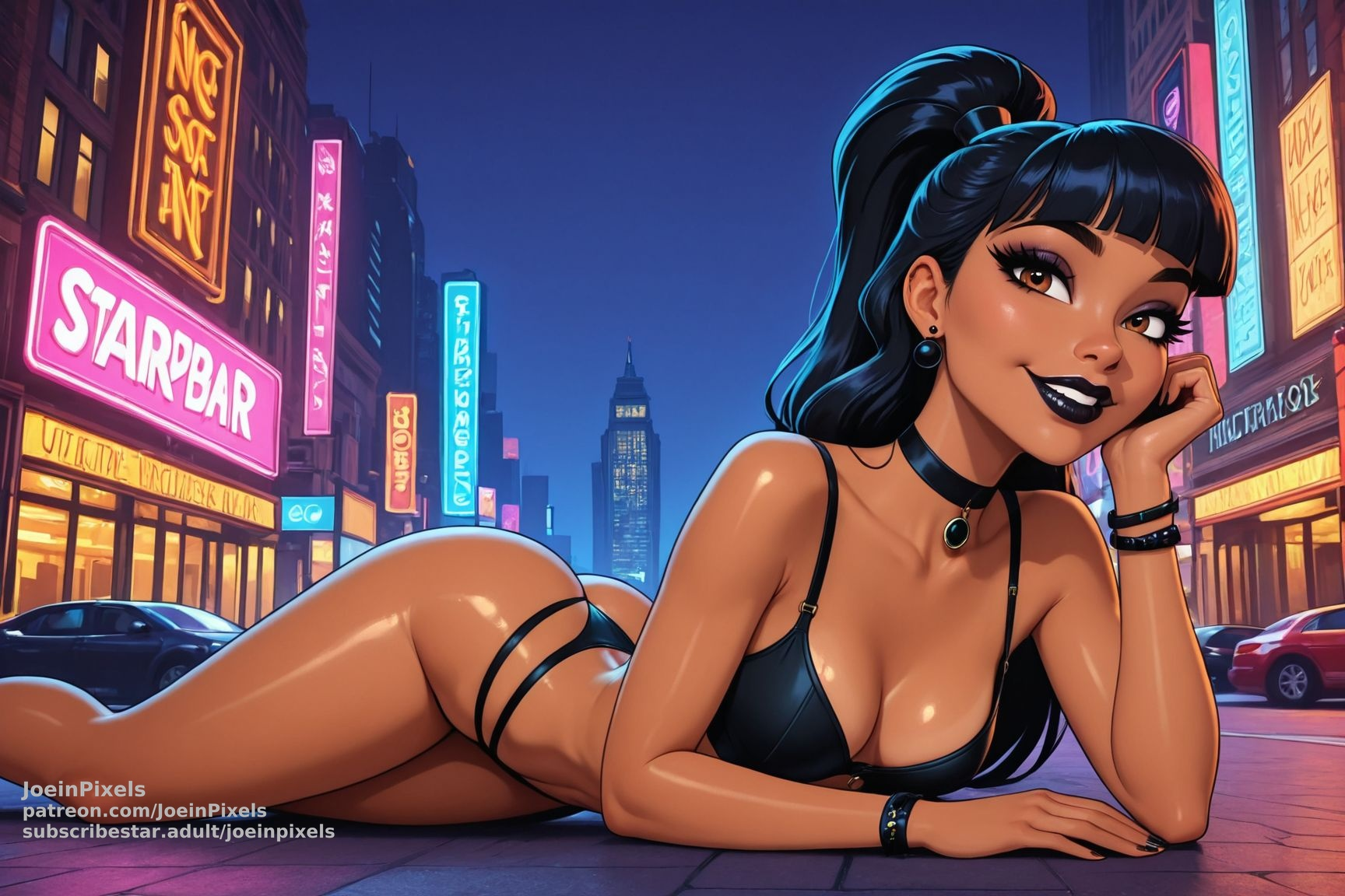 Original female character with long black hair and dark makeup, lounging on a city street at night beneath colorful neon signs. She wears a black outfit with matching accessories while bright storefronts, cars, and glowing skyscrapers create a vibrant urban nightlife atmosphere.