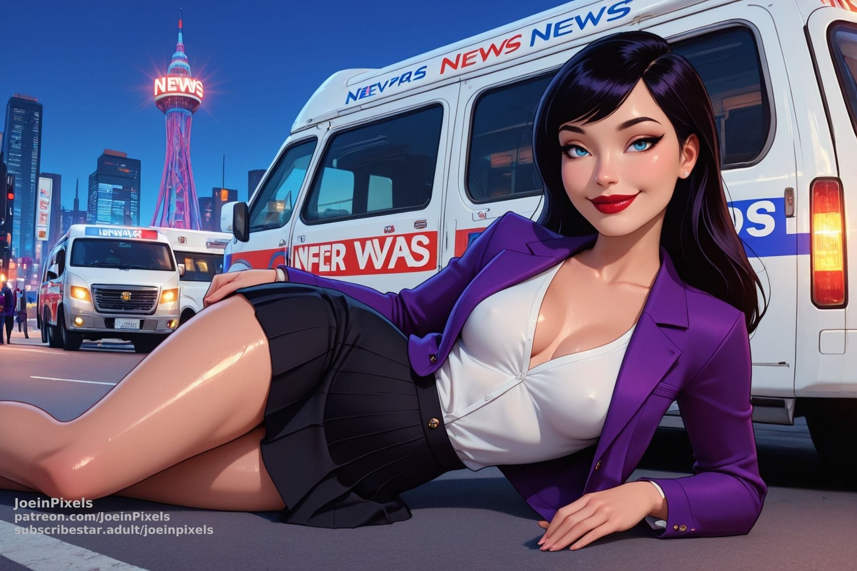 Digital illustration inspired by Lois Lane posing beside a row of news vans at night. She wears a purple blazer, white blouse, and black skirt while city lights and a glowing news tower shine in the background. The scene captures the energy of a busy newsroom and the excitement of breaking news.