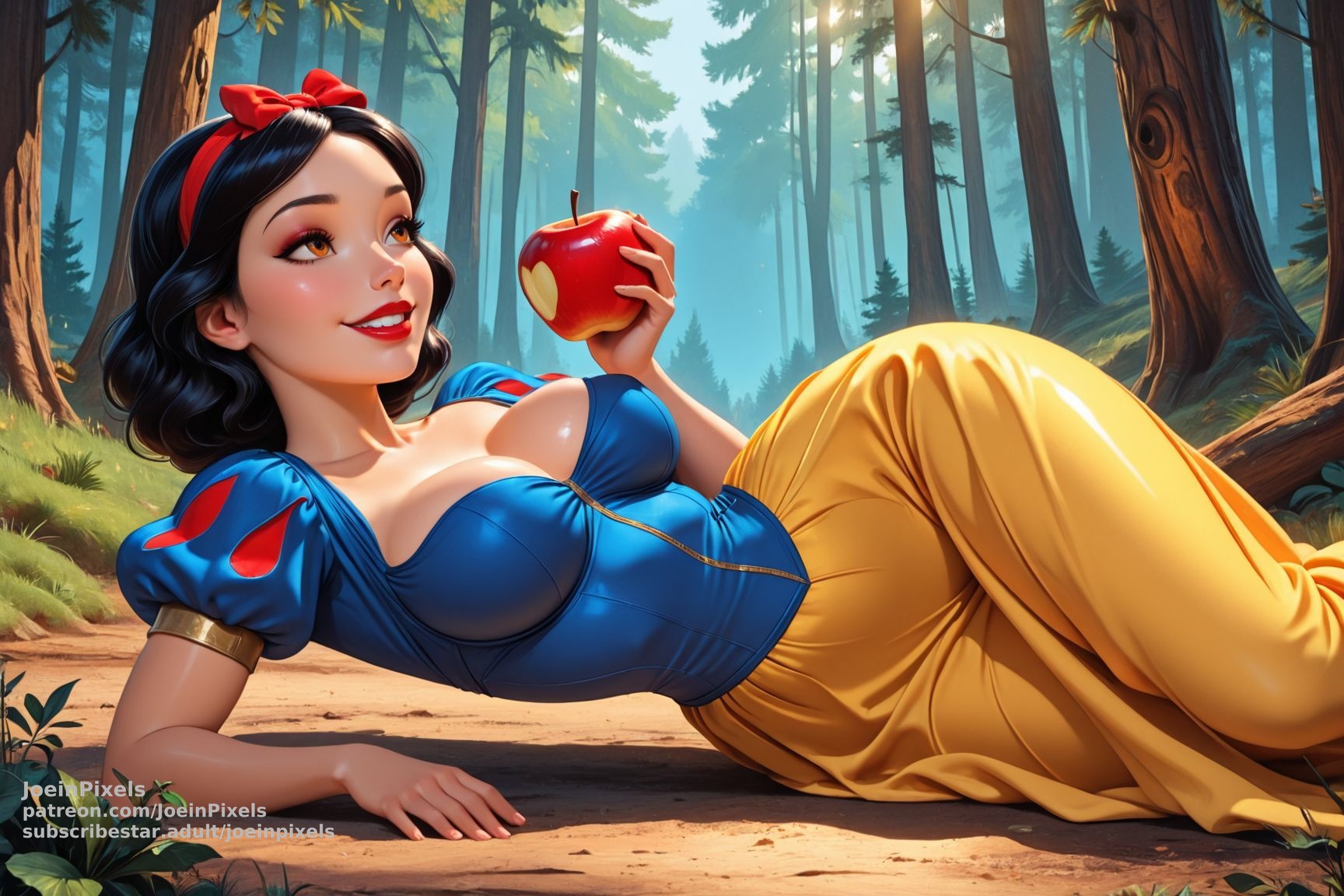 Illustration inspired by Snow White relaxing on the forest floor while holding a shiny red apple. She wears her classic blue and yellow outfit with a red bow in her dark hair, surrounded by tall trees and warm sunlight shining through the woods.