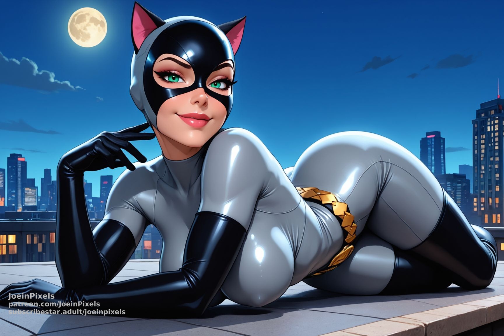 Cat burglar inspired by Catwoman lounges on a rooftop beneath a bright full moon wearing a sleek gray catsuit, black gloves, and a cat-eared mask. The nighttime city skyline glows in the background as she strikes a playful pose in the Moonlit Mischief fan art set.
