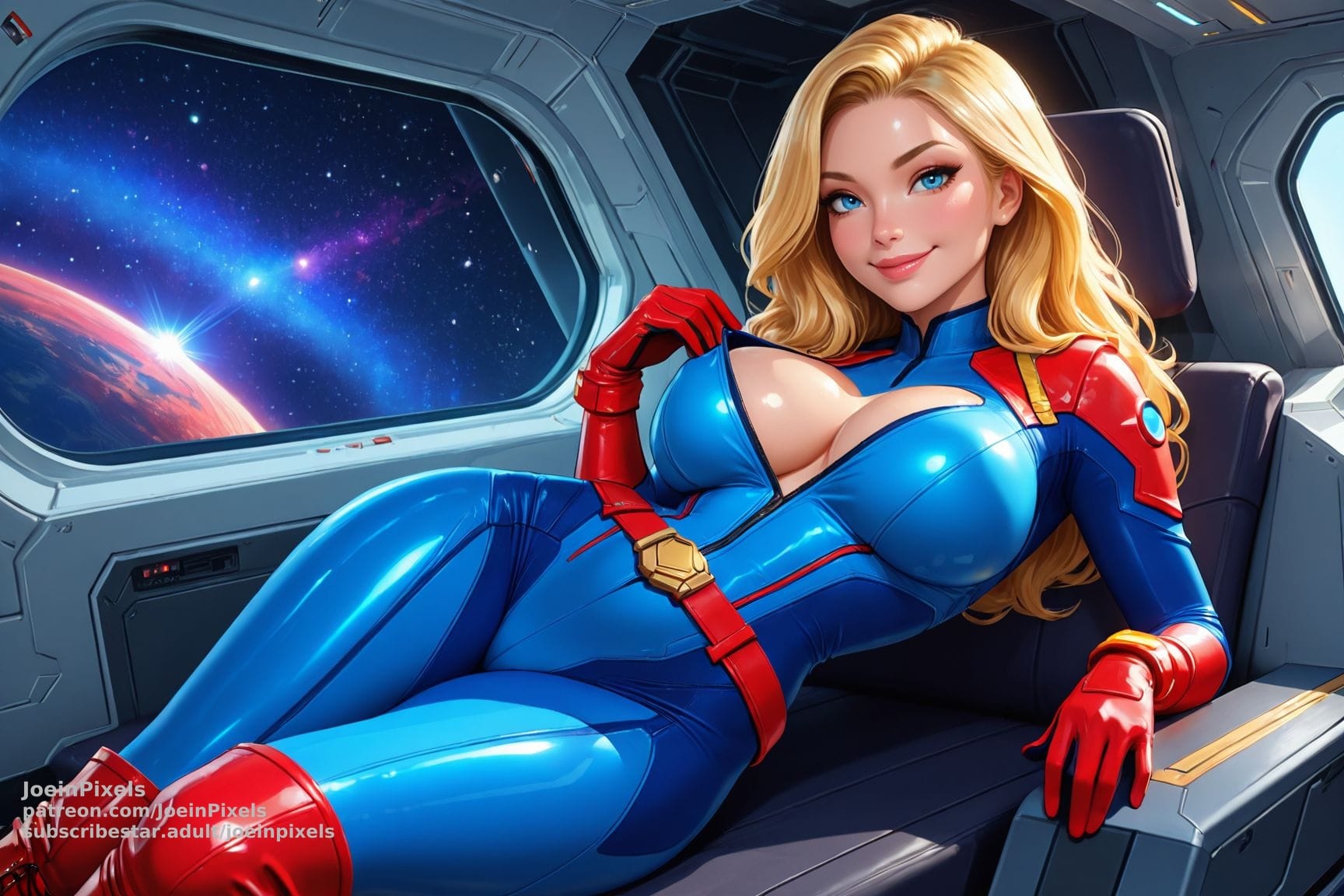 AI art of a blonde superhero inspired by Captain Marvel reclining inside a futuristic spaceship. She wears a blue and red suit while gazing out at a colorful galaxy and a distant planet visible through the large observation window.