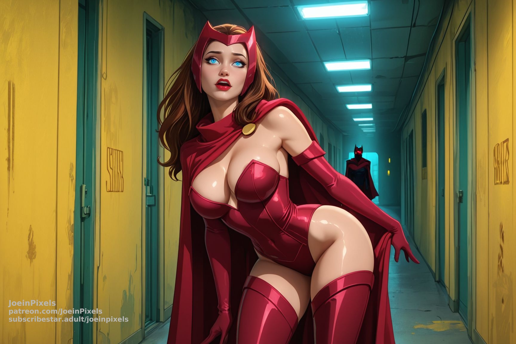 Scarlet Witch stands in a long yellow Backrooms hallway wearing her red costume and cape, looking over her shoulder as a shadowy figure with glowing red eyes appears in the distance behind her.