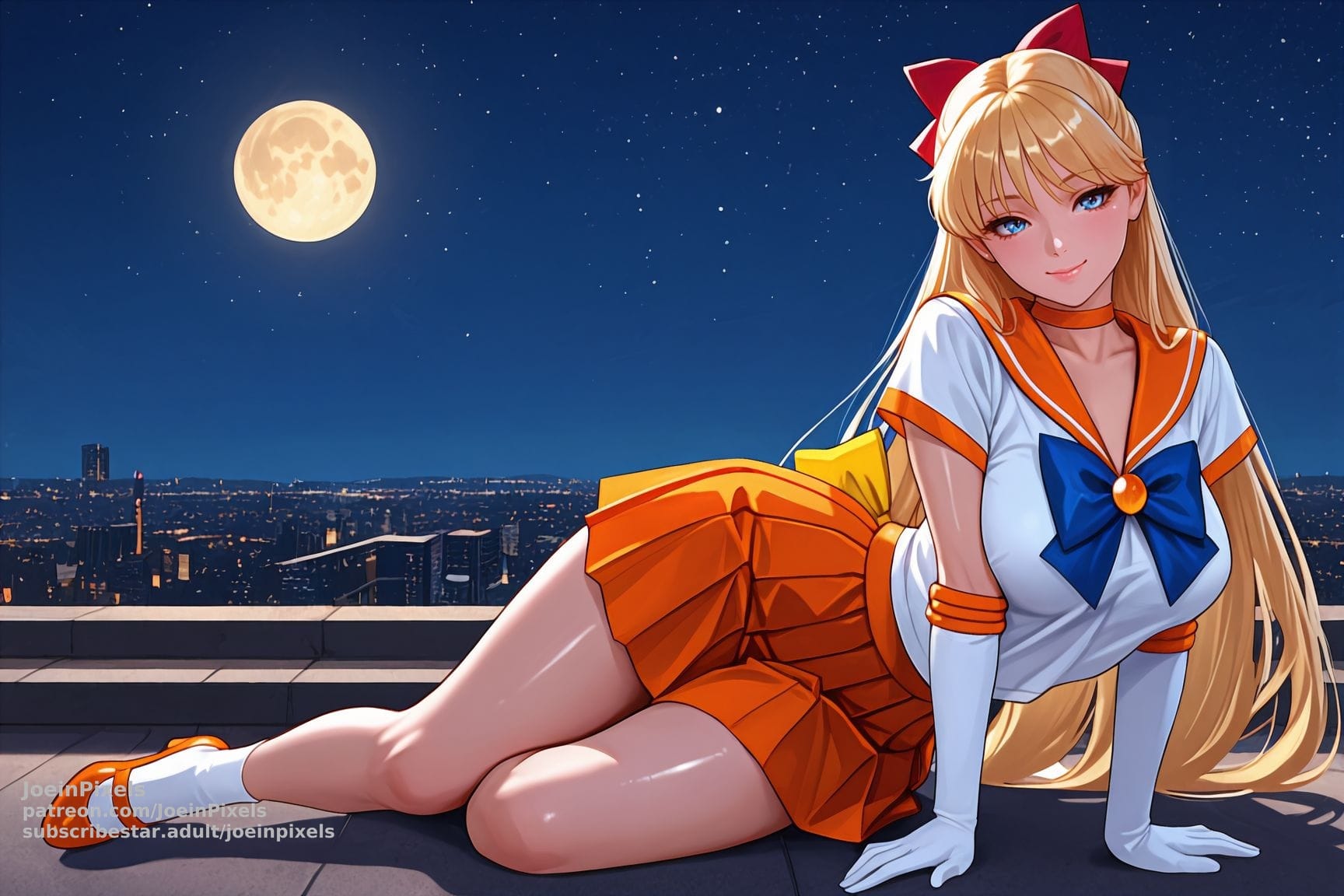 Anime-inspired blonde magical heroine in an orange and white sailor outfit reclining on a rooftop under a bright full moon. She smiles at the viewer as the city skyline stretches behind her, with stars shining across the night sky.