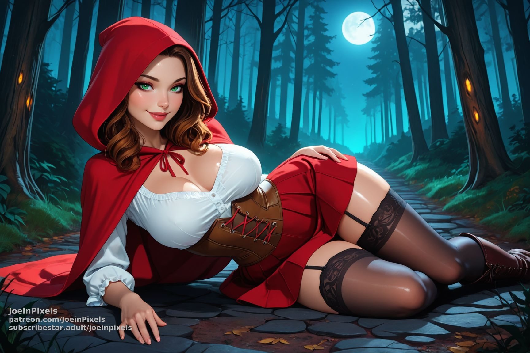 A woman dressed as Little Red Riding Hood reclines on a stone path in a moonlit forest. She wears a red hooded cape, white blouse, brown corset, red skirt, dark stockings, and boots. Surrounded by towering trees and blue mist, she poses beneath a bright full moon, creating a mysterious fairy-tale atmosphere deep within the woods.