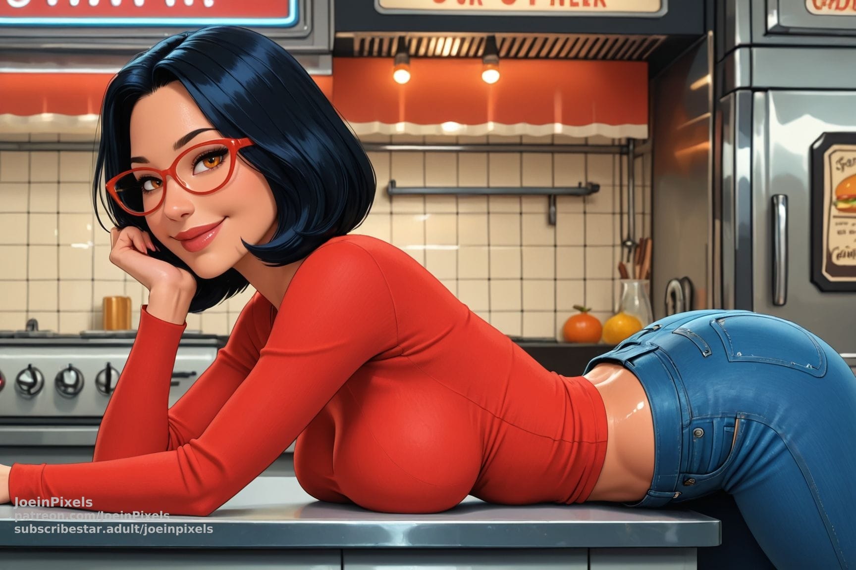 Digital illustration inspired by Linda Belcher leaning across a kitchen counter with a playful smile. She wears her signature red glasses, a red long-sleeve shirt, and blue jeans while a cozy kitchen with tiled walls, cooking equipment, and warm lighting fills the background in a fun Bob's Burgers inspired scene.
