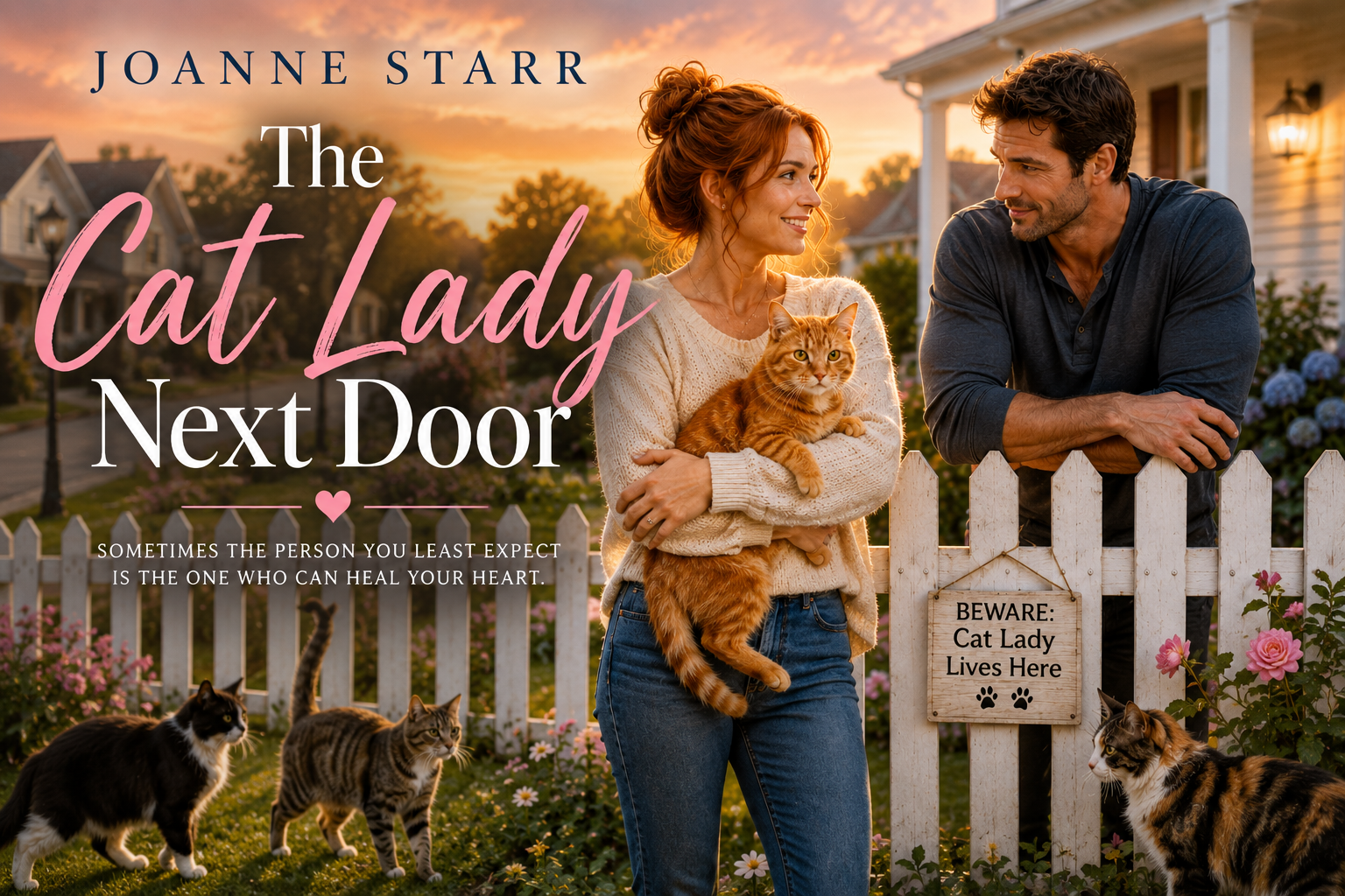 Website banner for The Cat Lady Next Door by Joanne Starr. A red-haired woman in a cozy sweater stands beside a white picket fence holding an orange cat while smiling at a dark-haired man leaning on the fence. Several cats wander through a flower-filled neighborhood at sunset. A wooden sign reads, "Beware: Cat Lady Lives Here." The banner promotes a heartwarming enemies-to-lovers romance set in a charming small-town community.