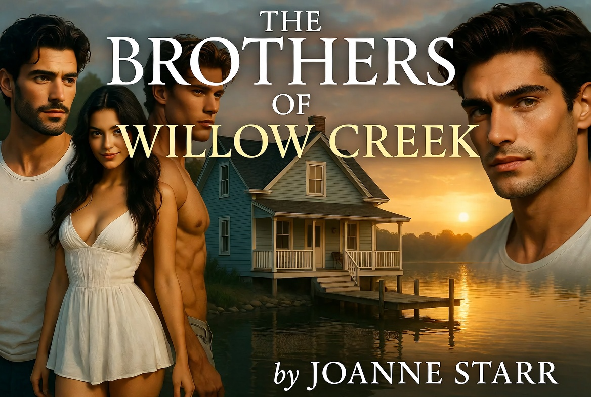 Landscape romance banner for The Brothers of Willow Creek by Joanne Starr. A woman in a white dress stands beside a handsome man while a lakeside cottage glows at sunset. Two other brothers appear in the background, creating a warm and spicy small-town romance atmosphere.