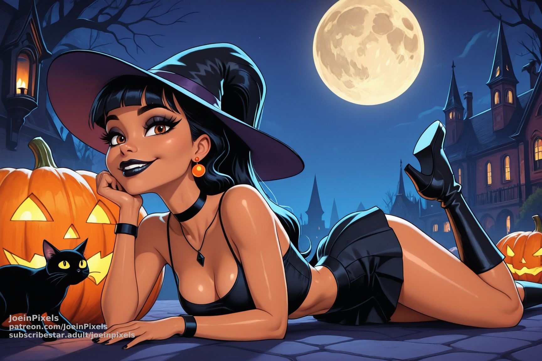 Halloween witch art of Nikki lying among glowing jack-o'-lanterns at night.