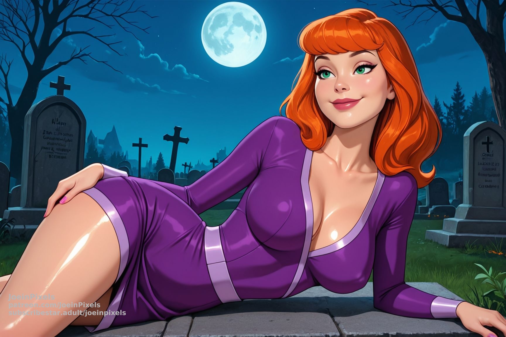 Daphne Blake fan art lounging on a gravestone under a full moon.