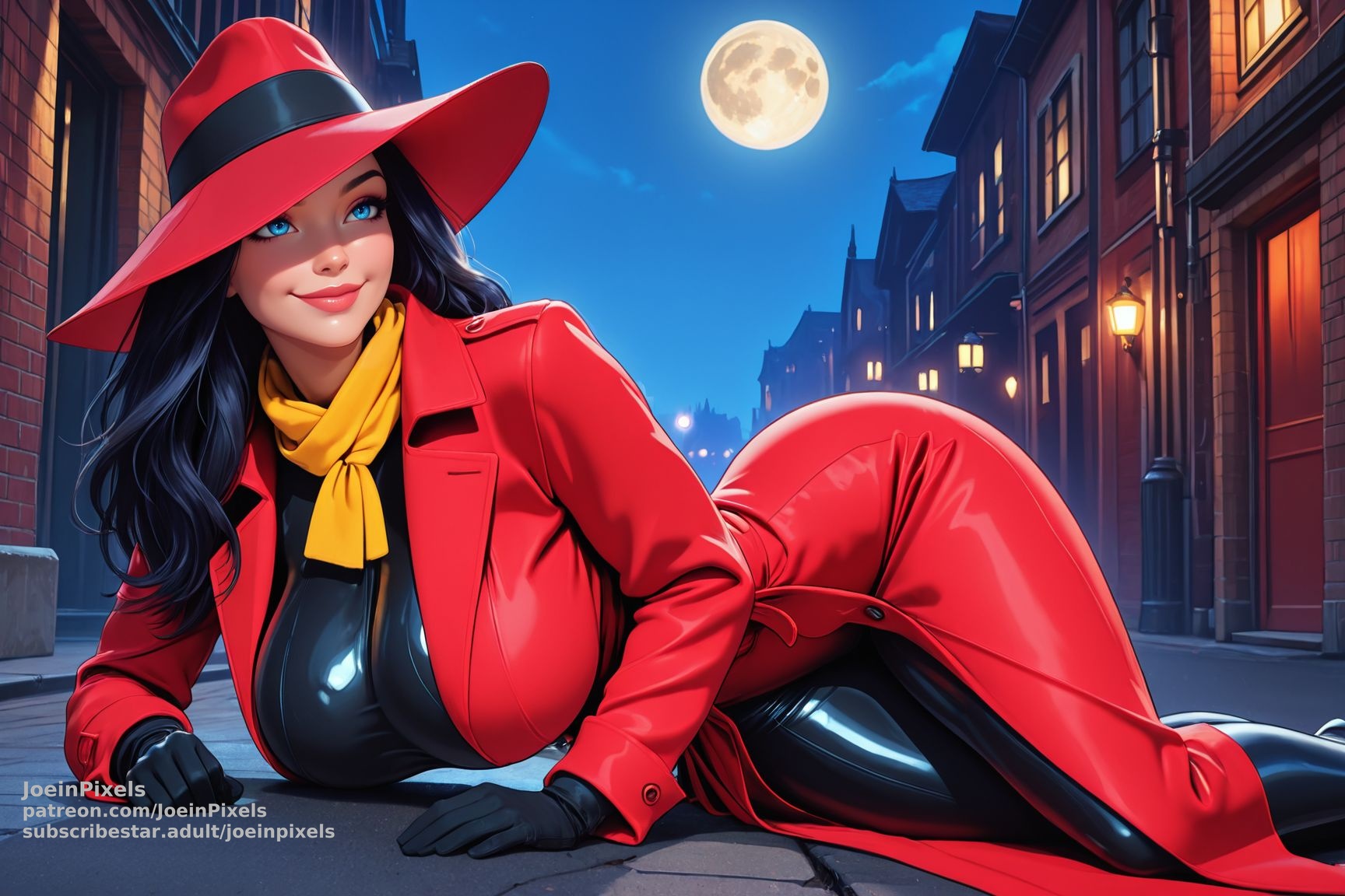 Carmen Sandiego-inspired AI artwork of a mysterious brunette in a signature red trench coat, wide-brimmed red hat, yellow scarf, black gloves, and sleek black outfit reclining on a moonlit city street. The nighttime setting, glowing street lamps, and classic detective-inspired fashion create a dramatic adventure scene.