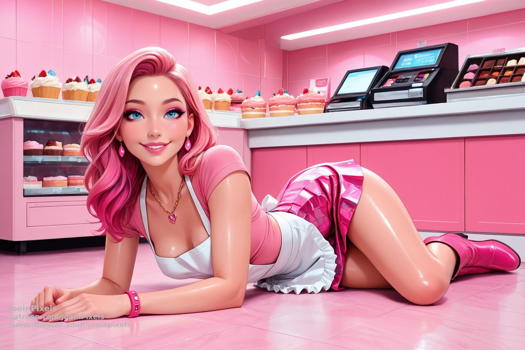 Pink-haired bakery girl wearing a white apron and pink skirt, posing playfully on the bakery floor with bright pink décor, pastry displays, and dessert counters in this anime-inspired AI art illustration.