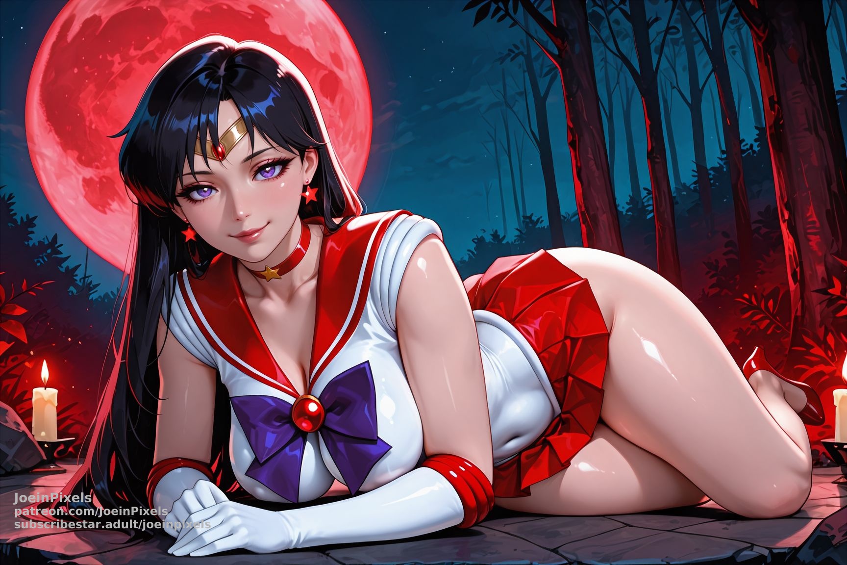Sailor Mars inspired AI artwork featuring a dark-haired magical heroine lying on the ground in her classic white and red sailor-style outfit beneath a glowing crimson moon. A dark forest and dramatic red lighting create a bold anime-inspired fantasy atmosphere.