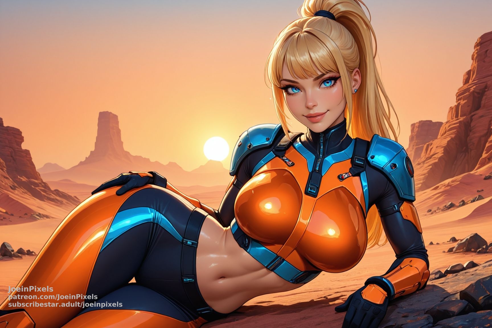 Sci-fi character AI art of a blonde space explorer in blue and orange futuristic armor on a red alien desert landscape.