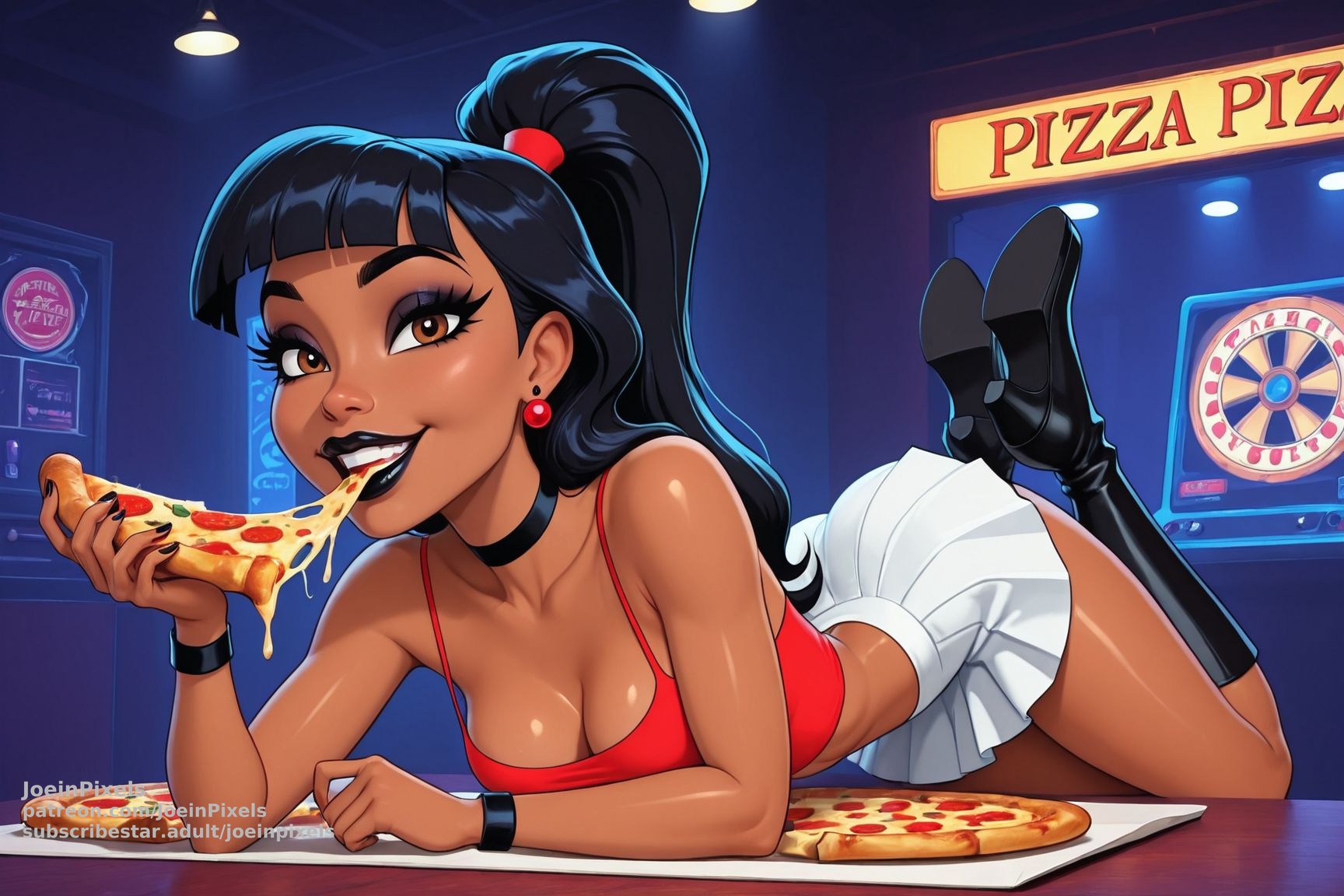 Nikki original character AI art relaxing on a pizzeria counter while enjoying a slice of pizza, surrounded by fresh pizzas and warm restaurant lighting in a playful, cozy setting.