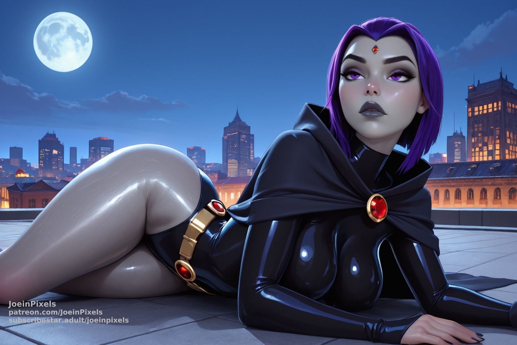 Raven AI fan art reclining on rooftop under moonlight – Dark Magic gallery, Teen Titans inspired.