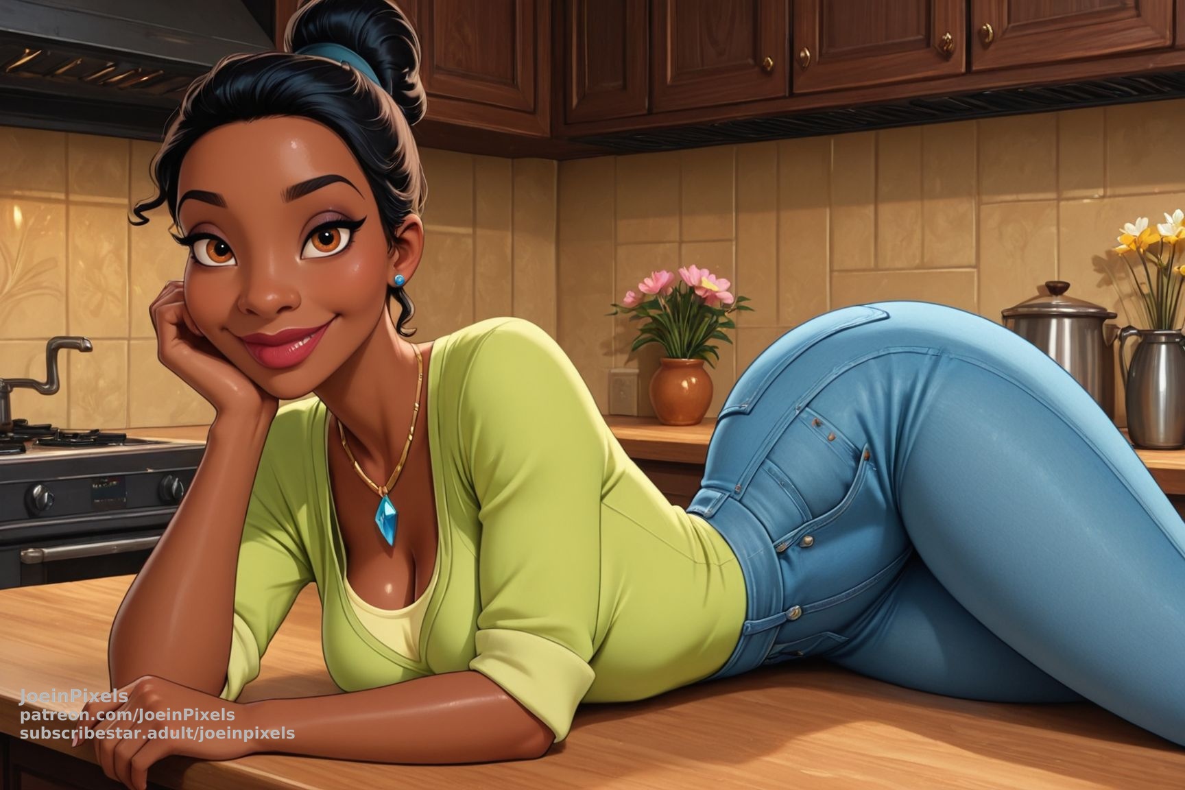 Tiana fan art AI illustration in a green top and jeans, lying on a kitchen counter.