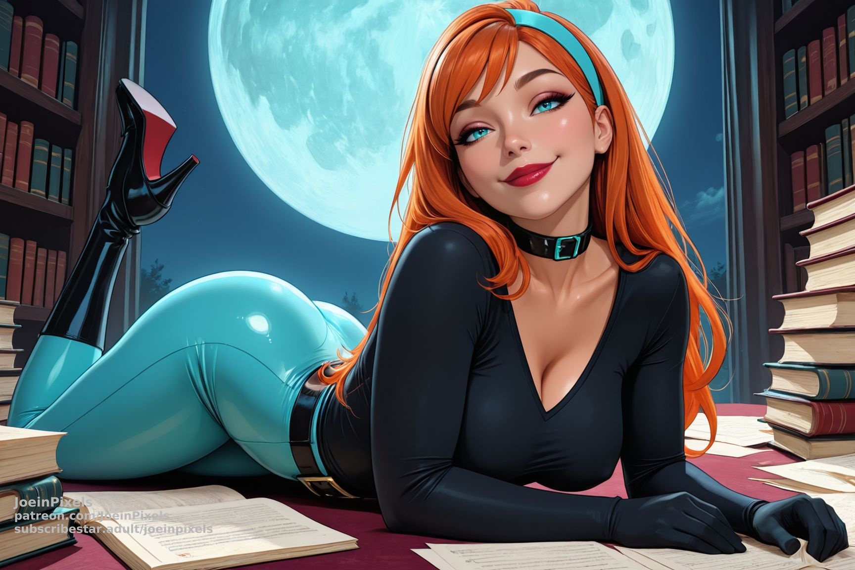 Jazz Fenton fan art of orange-haired woman lying on a library desk under a full moon.