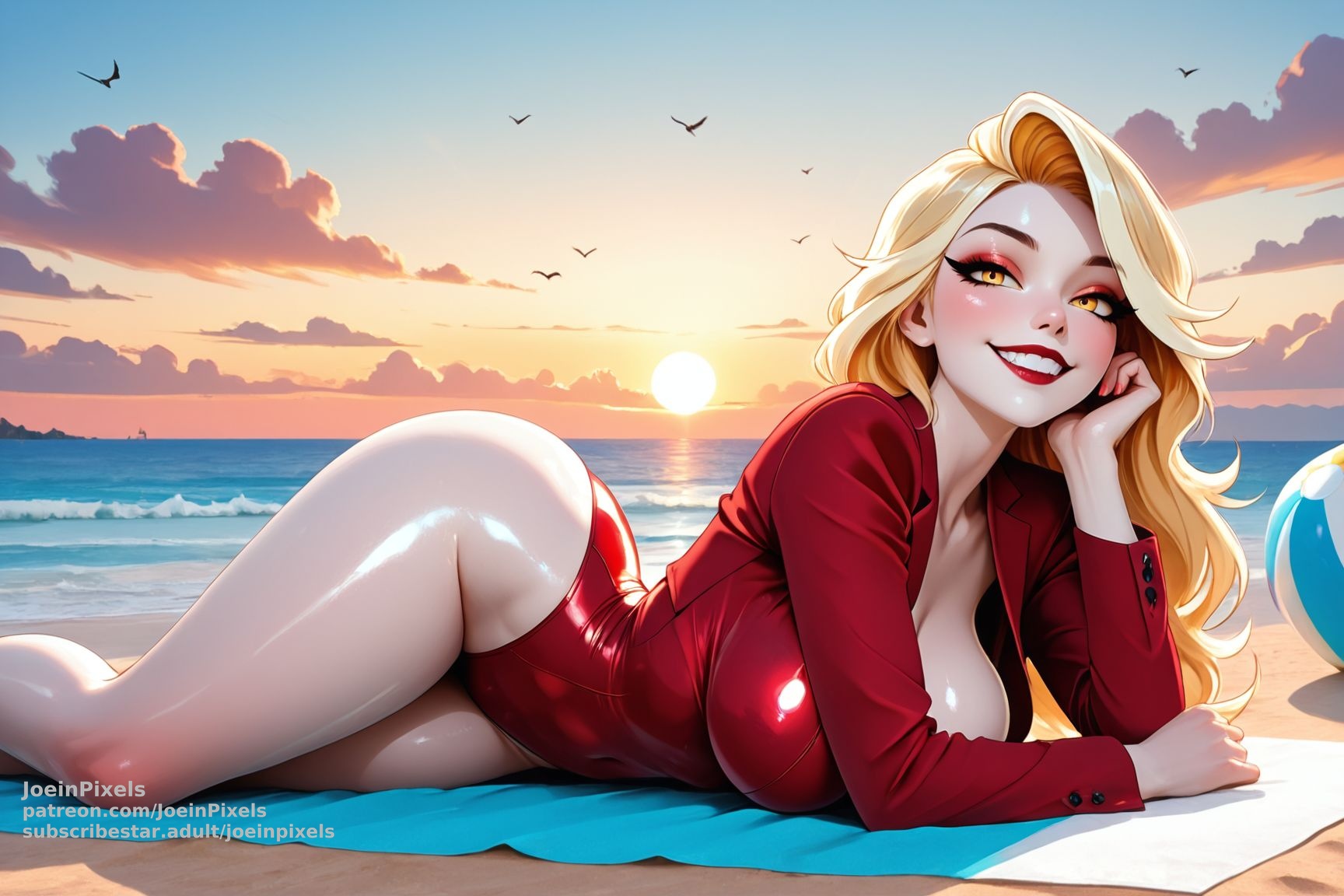 alt text please Blonde woman in a red latex outfit, lying on the beach at sunset, propped up on one elbow, smiling at the camera with the ocean and sky in the background.