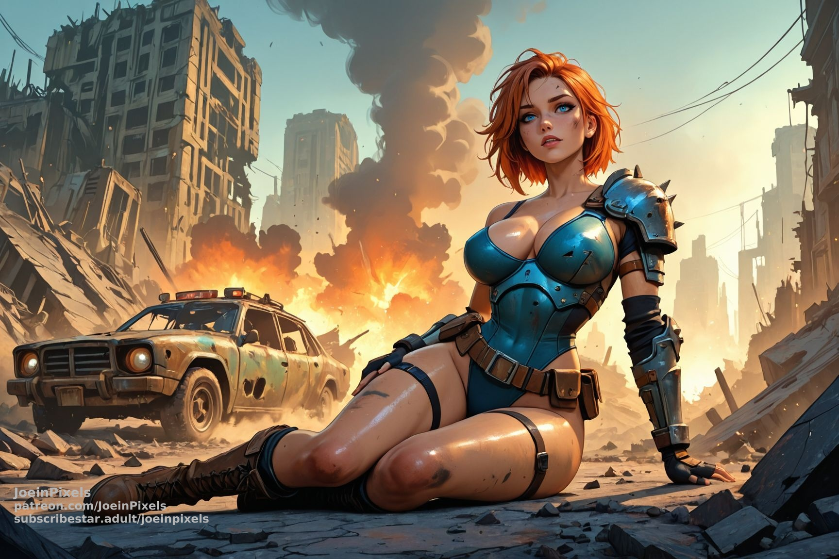 Wasteland Queen, red-haired original character, teal metallic armor, crouched pose amid rubble and debris, ruined city skyline with fire in background.