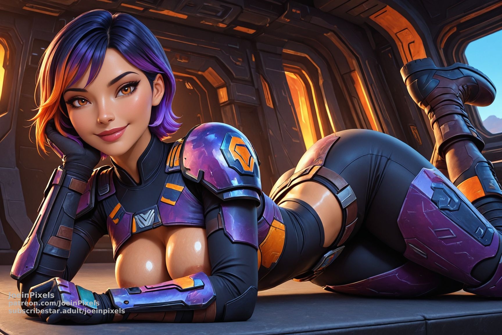 Woman with purple and orange hair, wearing matching purple and orange Mandalorian-style armor, lying down in a sci-fi corridor with warm lighting in the background.