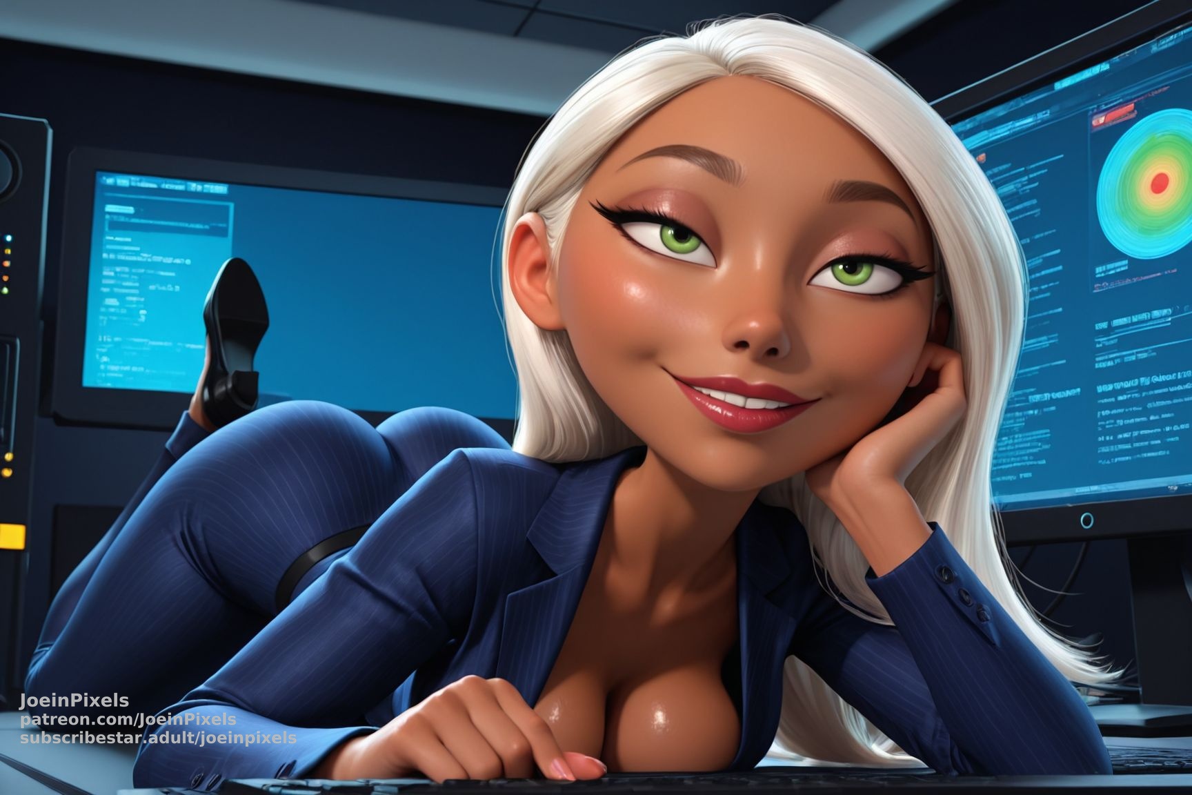 Mirage fan art in blue blazer resting chin on hand near monitors.