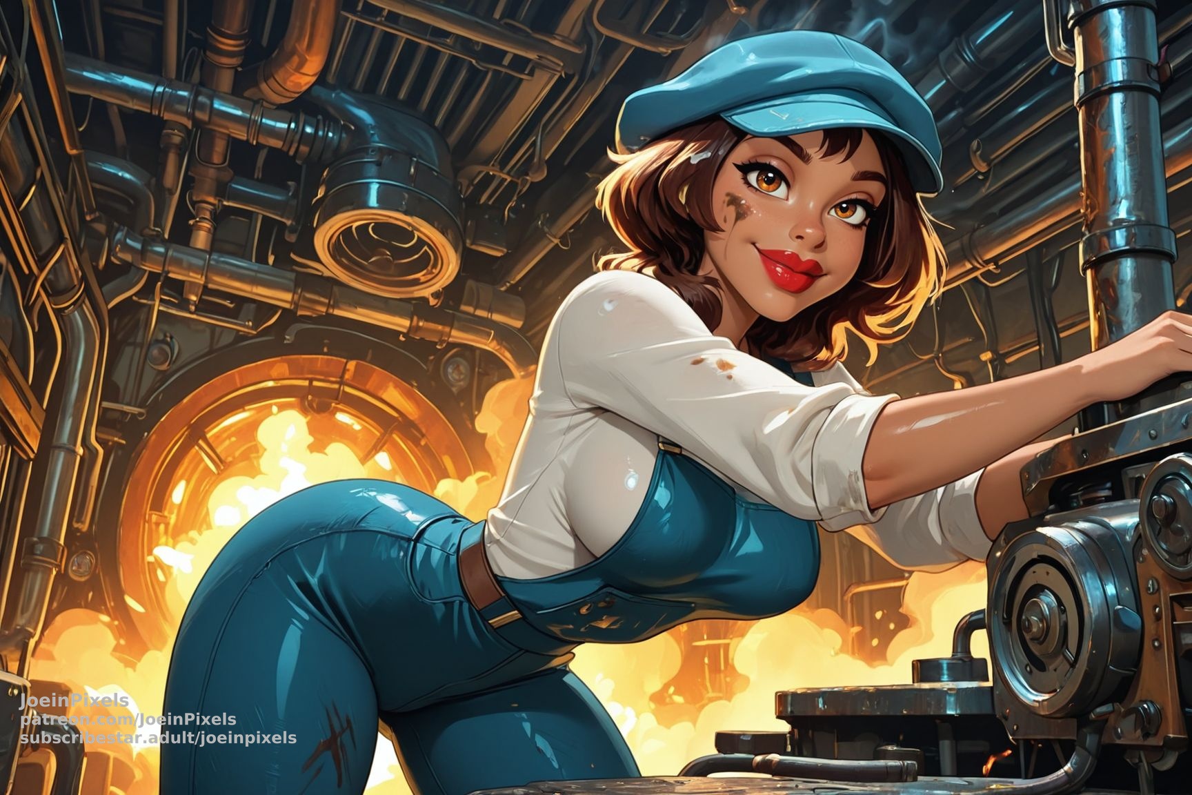Audrey Ramirez fan art working on machinery, blue overalls and cap, glowing furnace and pipes in engine room - Deep Sea Desire AI art.