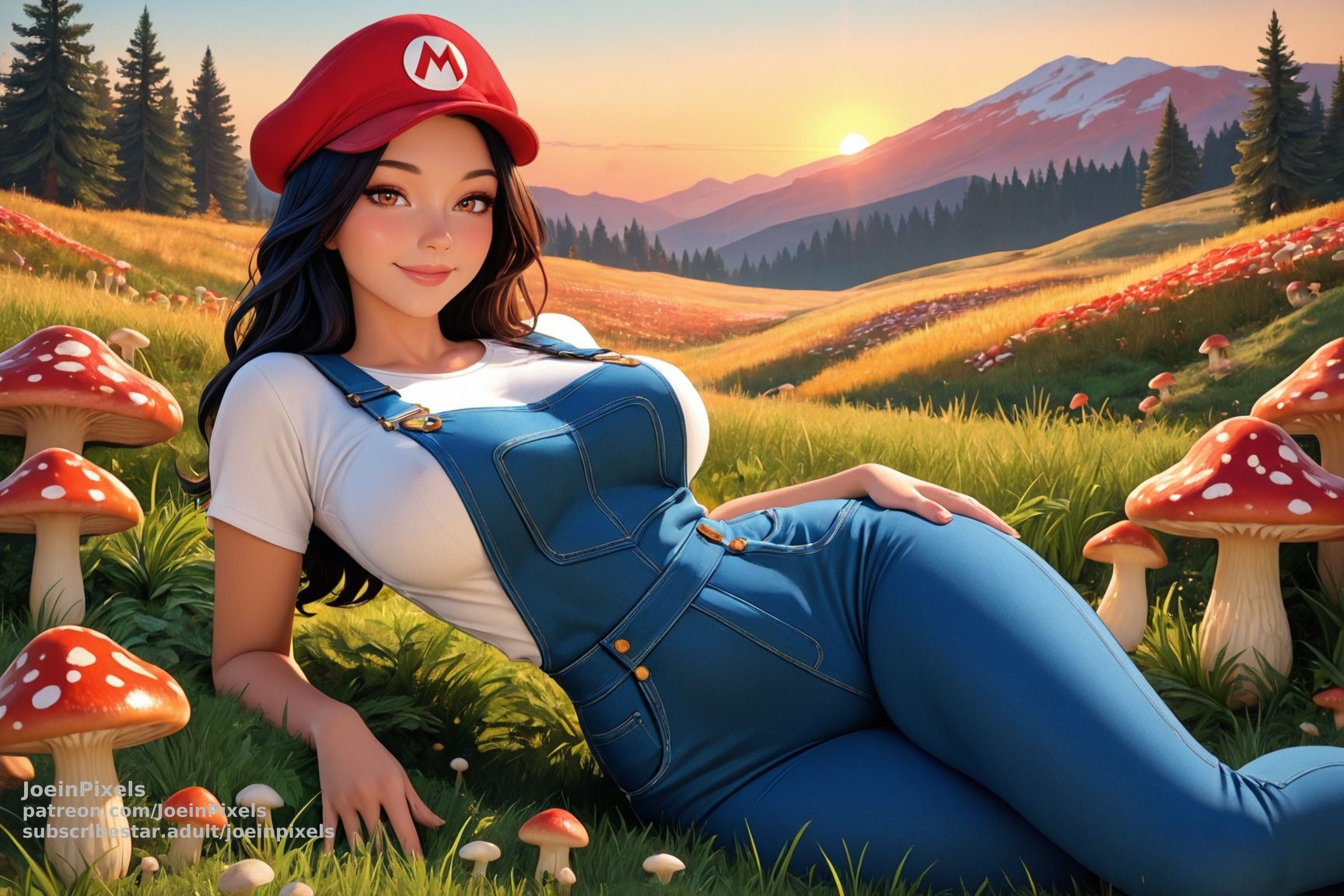 Woman in red "M" cap and denim overalls reclining in a mushroom-filled mountain meadow at sunset, video game inspired fan art.