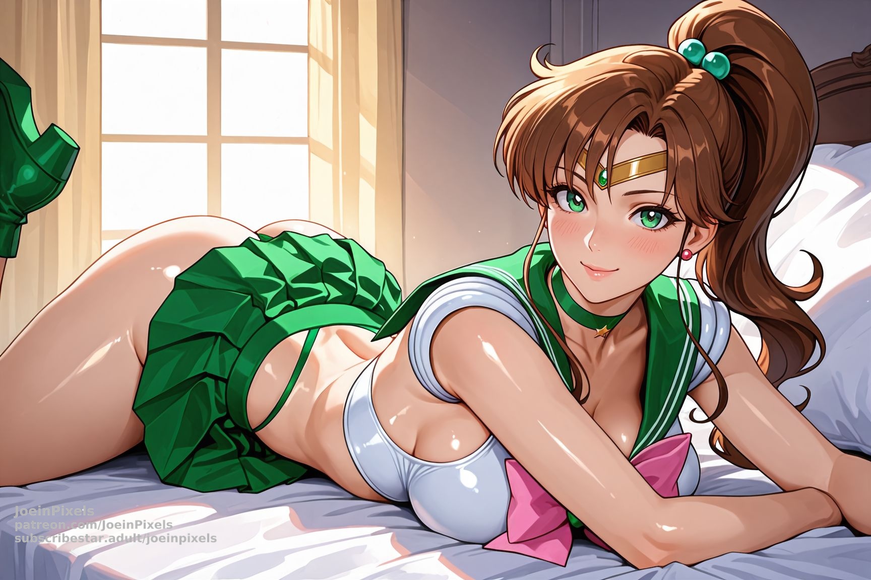Anime-style Sailor Jupiter-inspired character in green and white sailor uniform lying on a bed near a sunlit window.