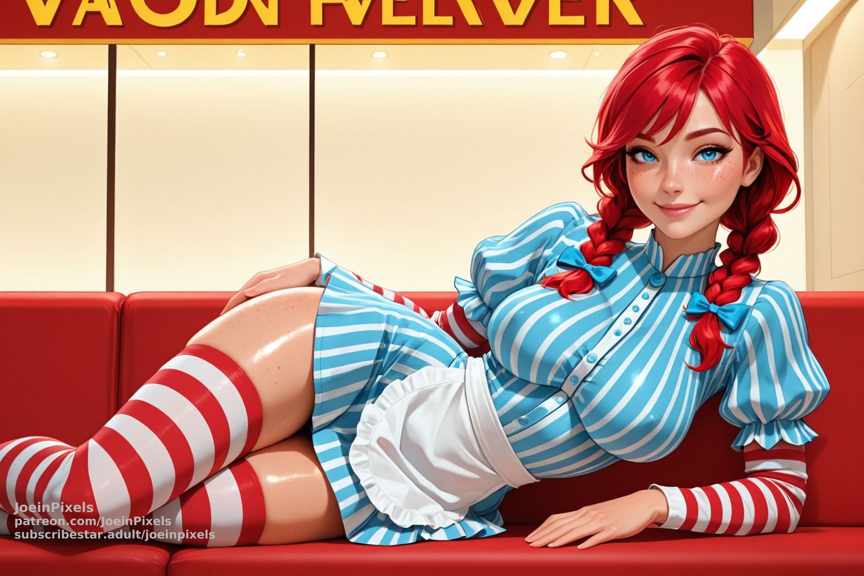 A smiling young woman with bright red hair in twin braids sits in a red booth. She wears a blue-and-white striped uniform top with a white collar and red-and-white striped thigh-high stockings.