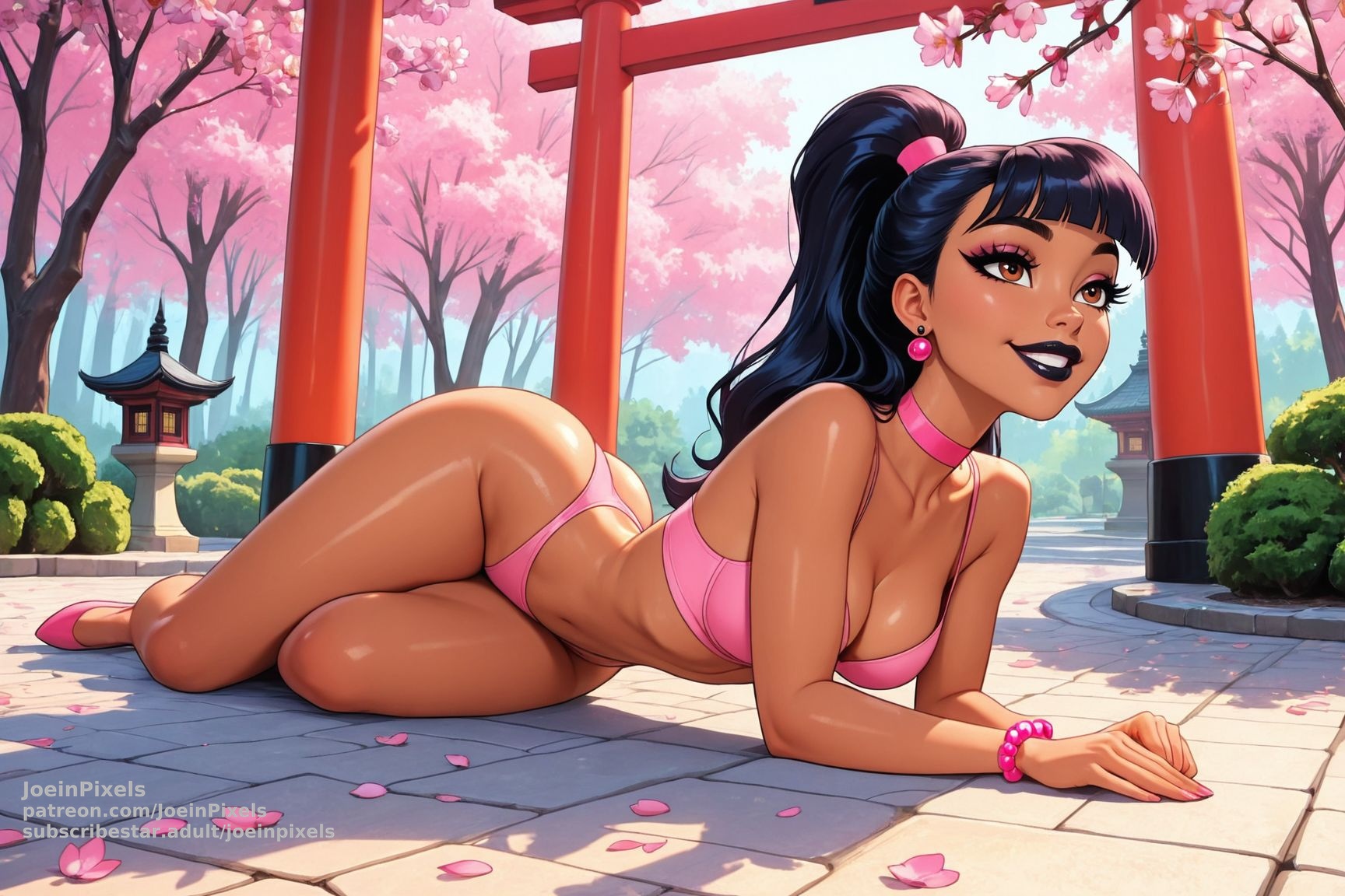 Nikki in pink bikini kneeling on stone path under cherry blossom trees.